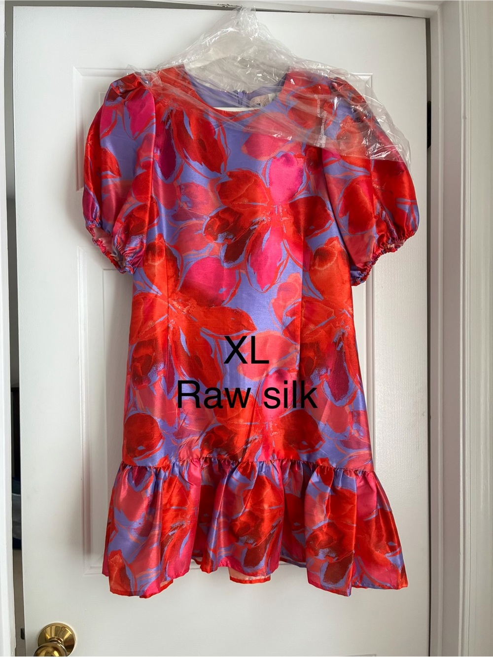 Anthropologie Red and Purple Floral Puff-Sleeve Mini Dress